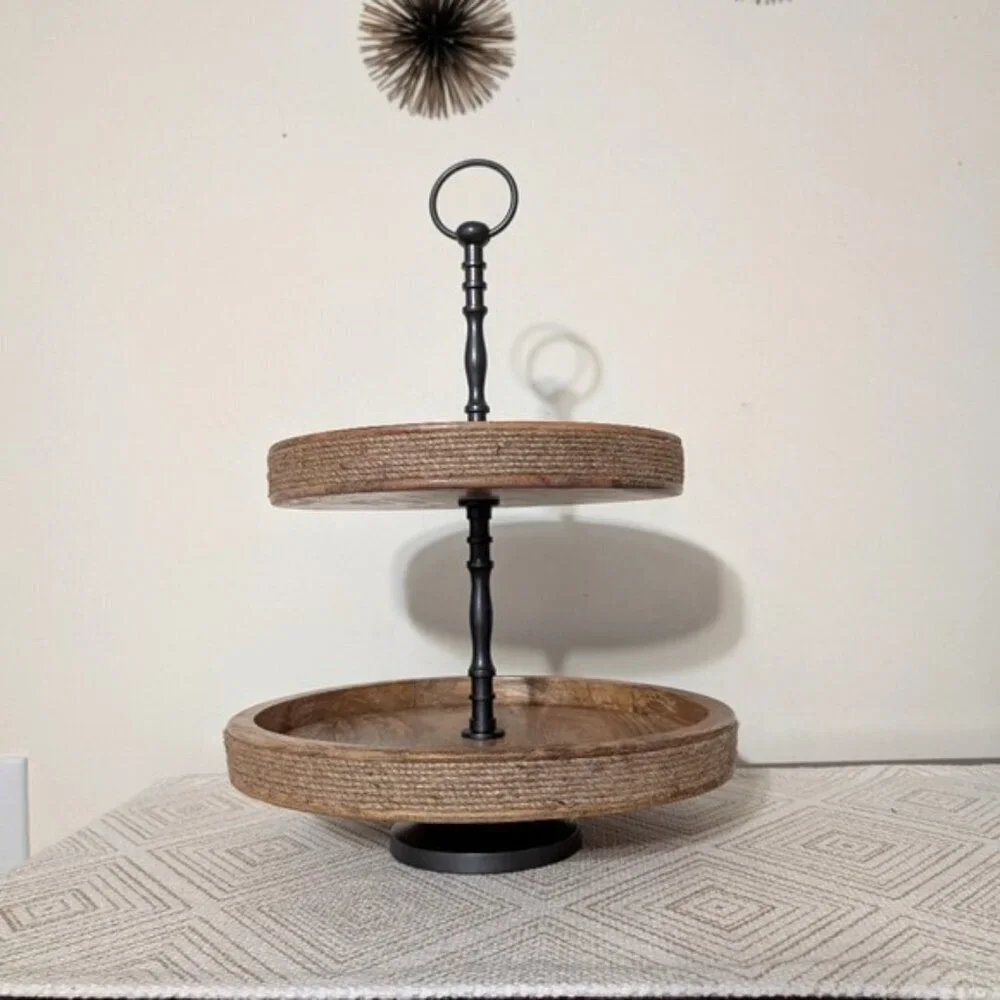 Two-Tiered Wooden Stand with Black Metal Handle‎ 12